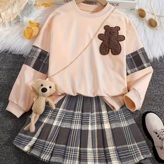 Round Neck Long Sleeve Top with College Style Skirt
